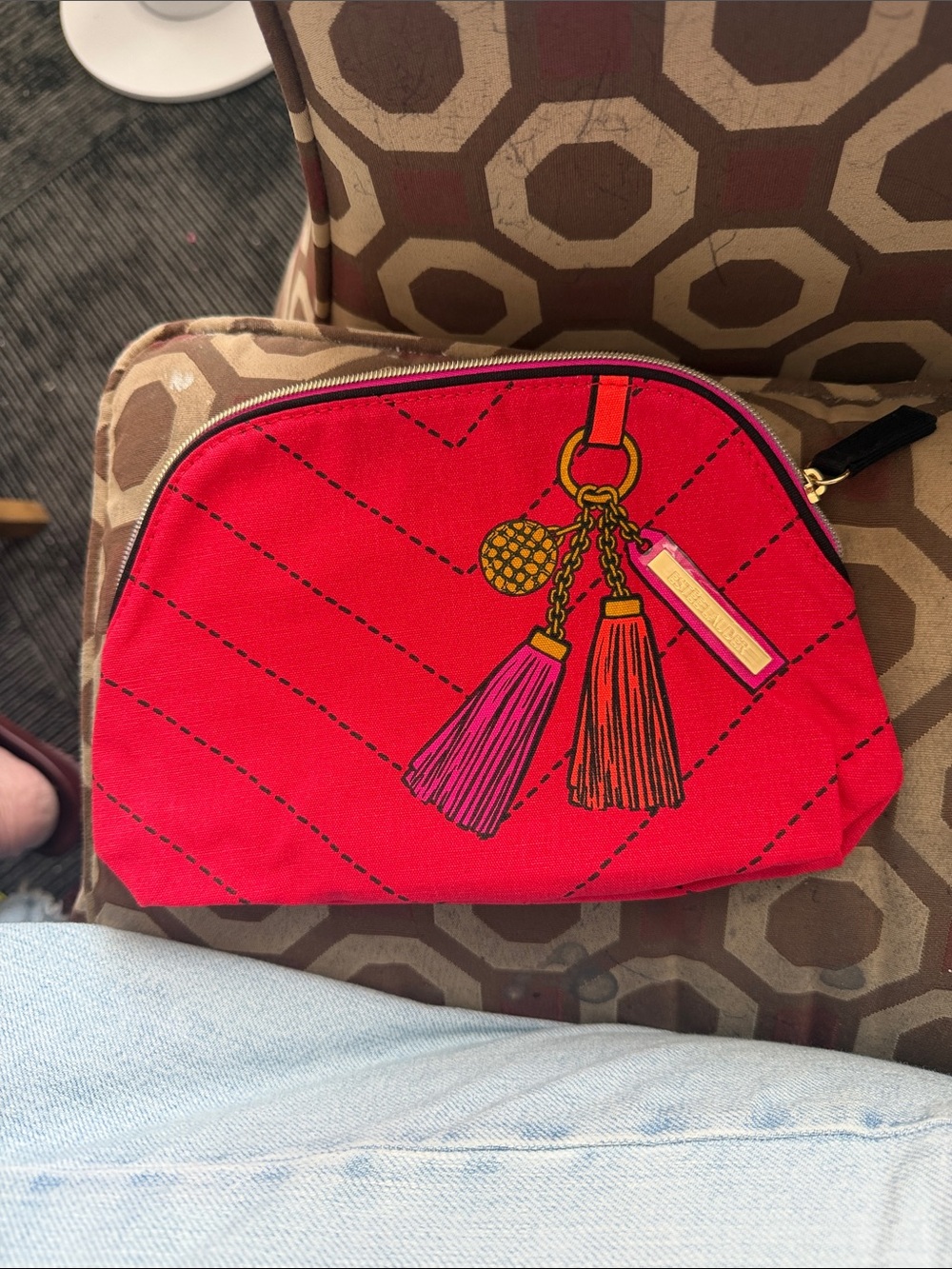 Estee Lauder Red Cosmetic Pouch with Pink & Orange Tassel Print